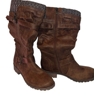 Chelsey Brown Knee-High Boots with Buckle, Size 9